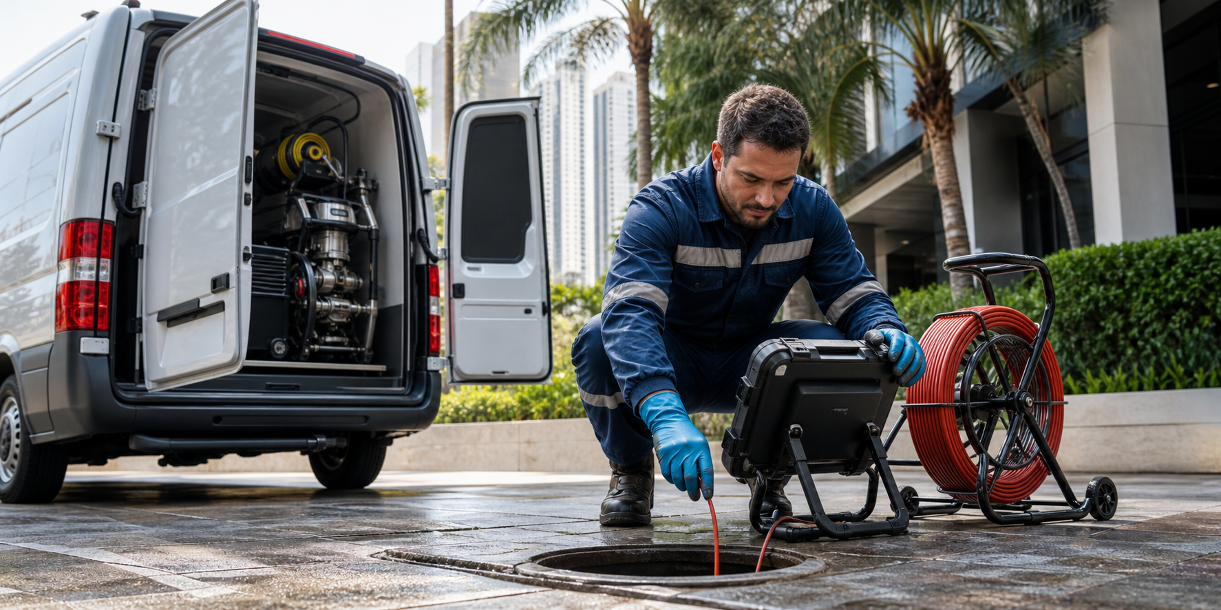 Tecnico de desentupidora com equipamento de atendimento
